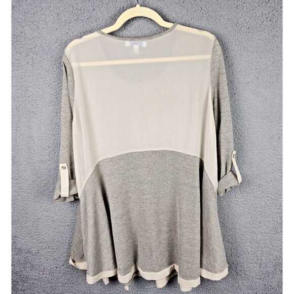 She + Sky Tunic Top Womens M Gray Beige Knit Semi Sheer Back Roll Tab Flowy - Picture 2 of 13